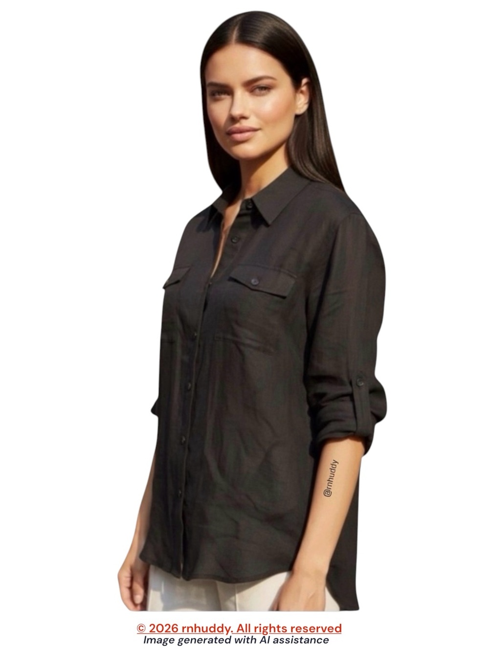 NWT Chico’s XL black silk & linen roll tab button down